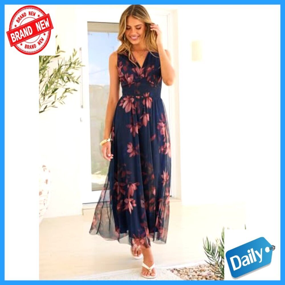 Summer Maxi Dress V-Neck Sleeveless A-Line Tulle Wedding Guest Casual - Picture 5 of 7